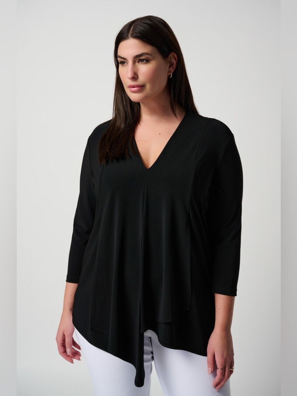 Joseph Ribkoff Asymmetrical Draped Tunic Top size 6 Black 3/4 Sleeve Lagenlook